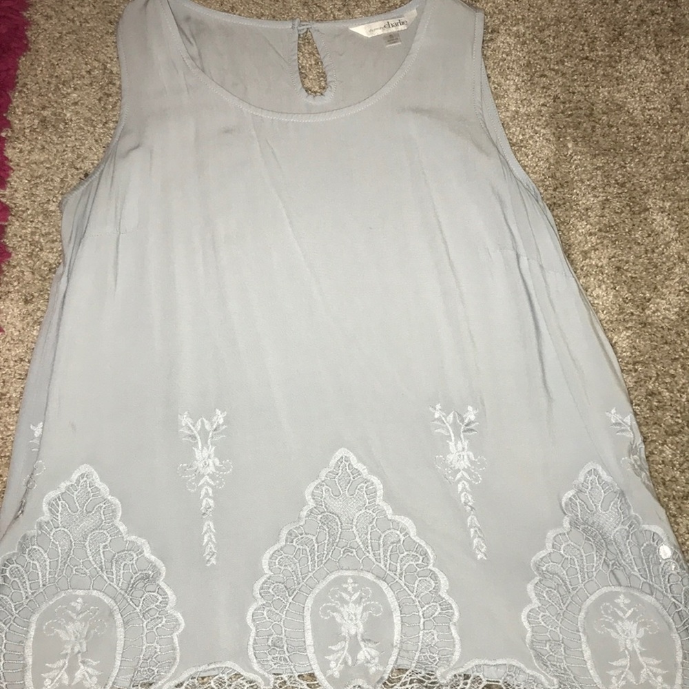 Charming charlie baby blue tank w lace detailing